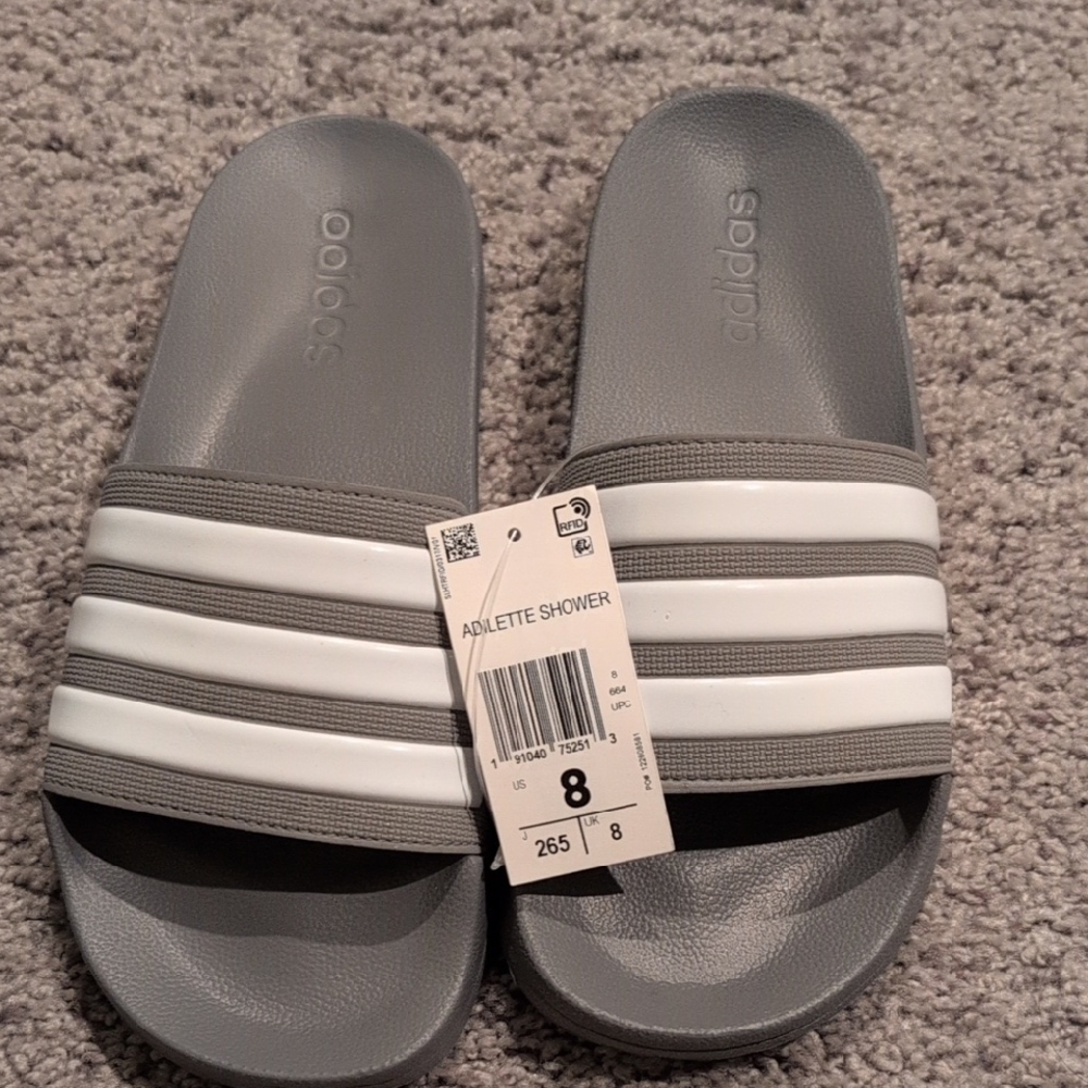 Brand New Adidas Gray and White Slide Sandals